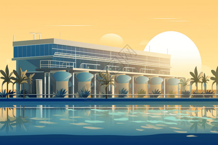 工业水池清新的海景工厂插画
