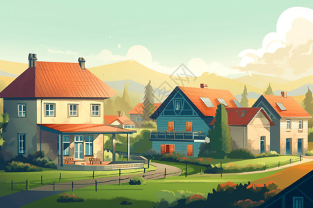 社区风景小镇的社区插画
