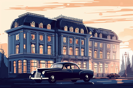 洲际大酒店复古老爷车停在酒店前插画