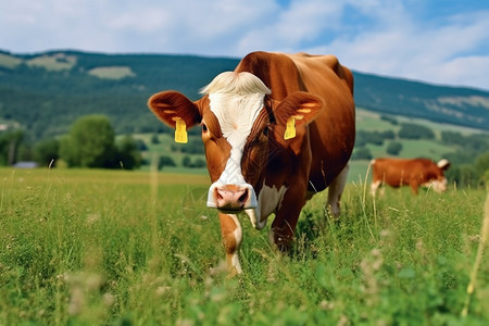 农林灌溉母牛在草地上背景
