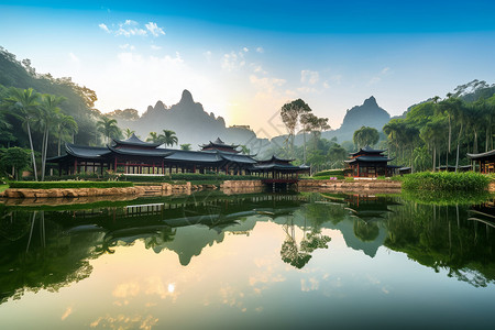 古建筑景色青秀山的湖光山色设计图片