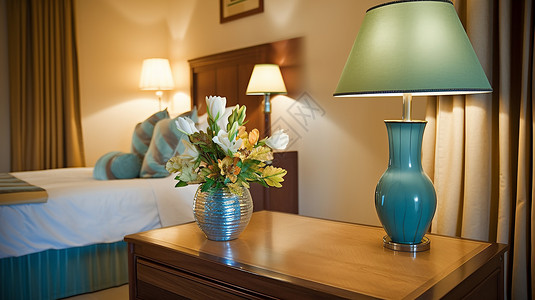 酒店的大床酒店房间桌子上摆放的花朵设计图片