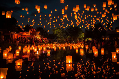 泰国水灯节浮灯节场景设计图片