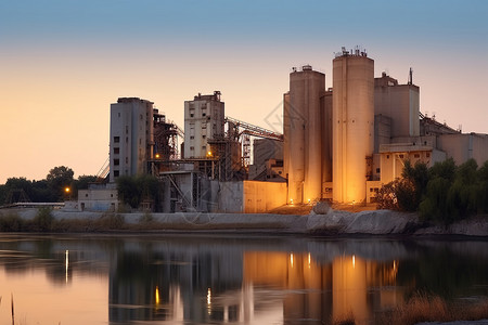 傍晚的河边水泥厂背景图片
