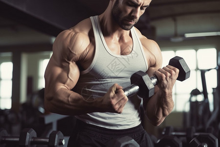 秀二头肌肌肉男子在健身房锻炼背景