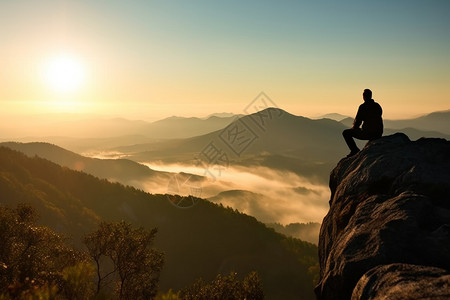 登山者站在最高的山峰看风景高清图片