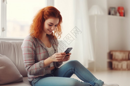 微笑消息红发女人用手机发信息背景