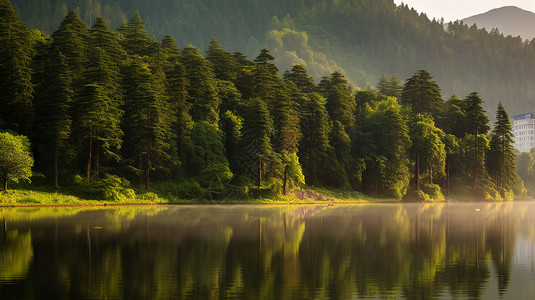 晨光照亮的松山湖高清图片