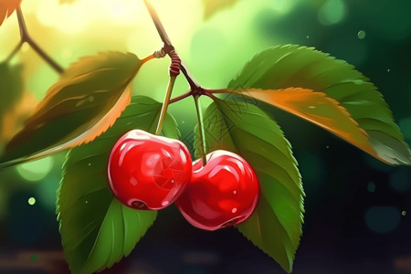 枝头两颗红樱桃背景图片