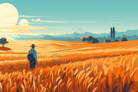被金色麦田围绕的农民图片