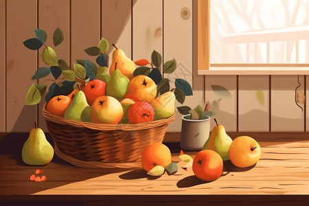 木梨硔放在木桌上的一篮子水果插画