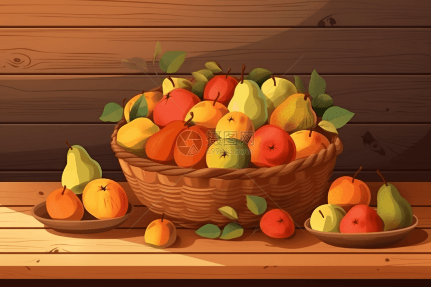 水果放在木桌上图片