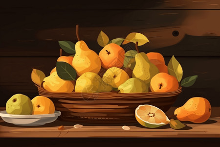 苹果木一篮子水果放在木桌上插画