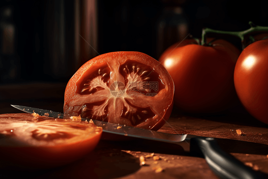 被切成两半的西红柿图片