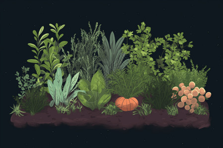 花园草药在花园床上生长的草药插画