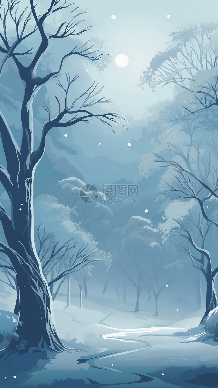 冬季的雪花和冰冻的树木插图图片