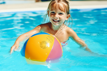 可爱的小女孩在游泳池玩球背景图片