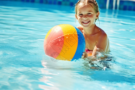 小女孩在游泳池玩沙滩球背景图片