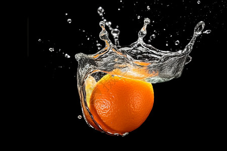 橙色水滴涟漪掉落水中的橙色水果设计图片