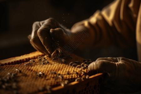 戴着手套处理蜂窝的养蜂人高清图片