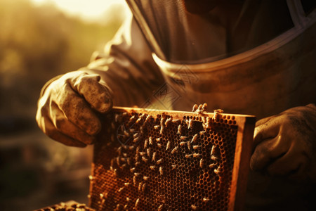 在处理蜂窝的养蜂人高清图片