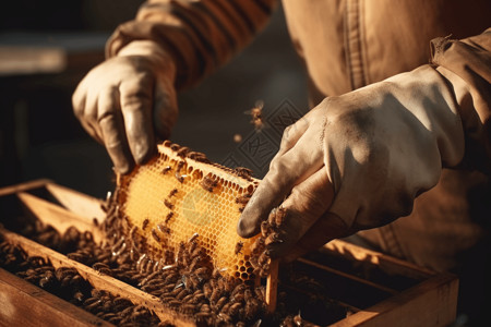 采蜂人养蜂人在处理蜂窝背景