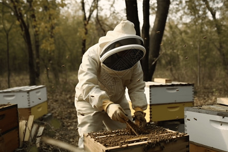 木头蜂箱养蜂人在收集蜂蜜背景