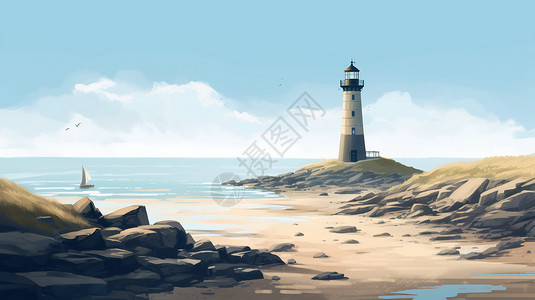 海边灯塔的创意插图背景图片