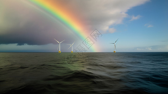 海洋风力发电站中的彩虹图片