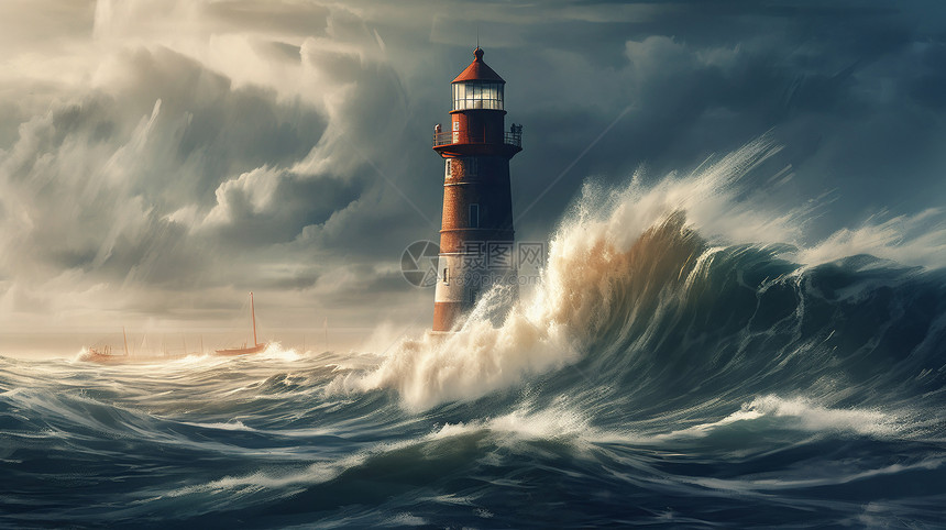 涨潮海水中的一座灯塔图片