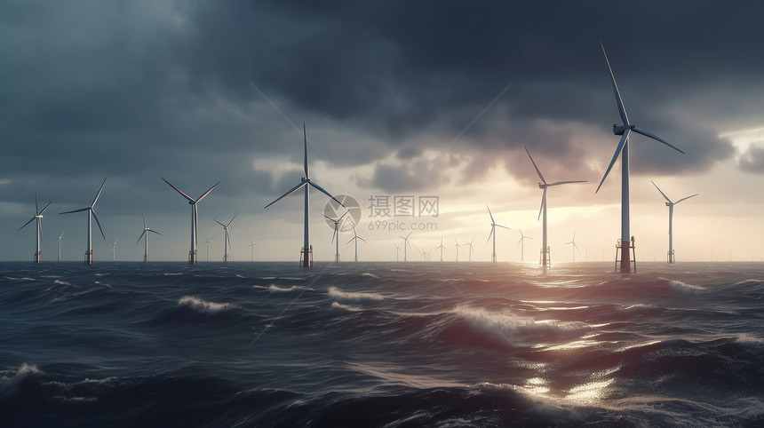海上的风力发电概念图图片