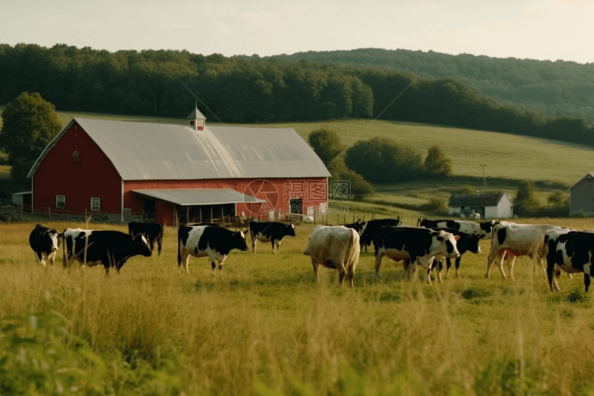 一群在田野里吃草的奶牛图片
