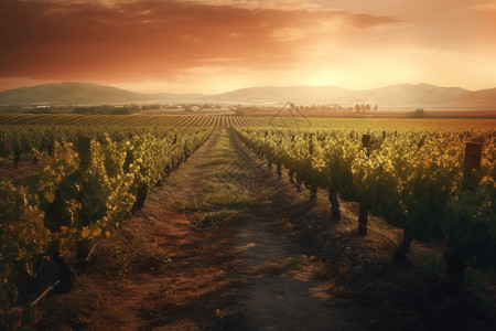 夕阳下成排的葡萄背景图片