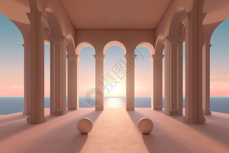 白色柱日落拱门柱和门廊全景设计图片