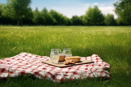 在郊外的草坪上野餐背景图片