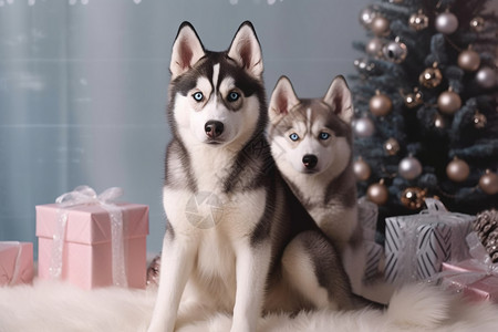 圣诞节礼物的哈士奇狗狗图片