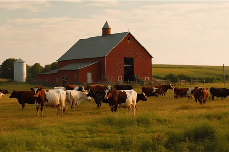 一群奶牛在田野里吃草高清图片