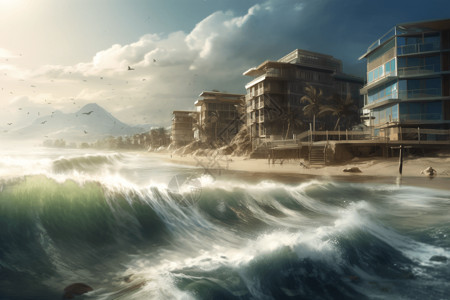 海啸席卷下的城市背景图片