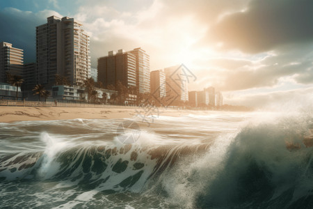 海啸来袭的城市（创意背景 抽象创意）背景图片
