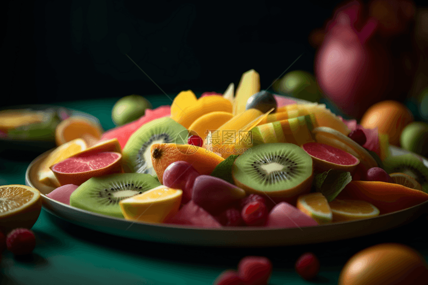 彩色盘子上的水果图片