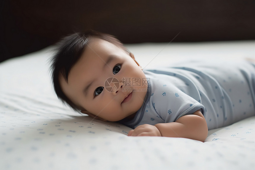 亚洲男婴躺在床上图片