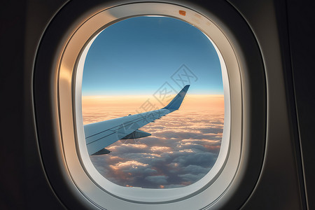日落时透过飞机窗户看天空图片