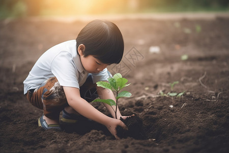 孩子在黑土上种树背景图片