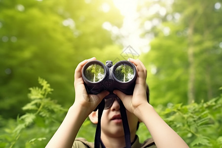 童子军在森林中使用双筒望远镜背景