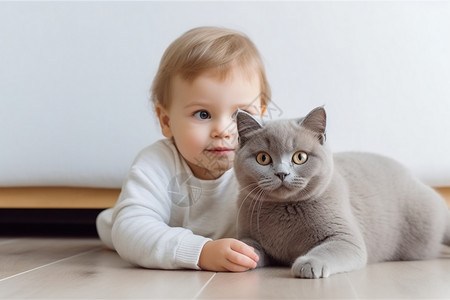 全高清可爱的小孩和小猫玩耍背景