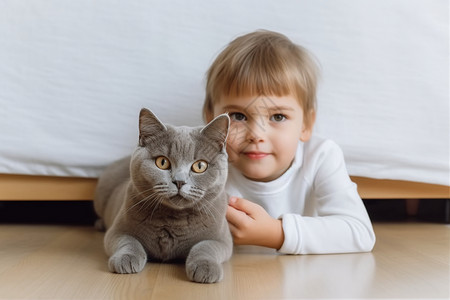 小女孩和短毛猫趴在地上背景图片