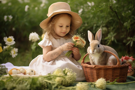 可爱的小女孩和兔子朋友野餐图片