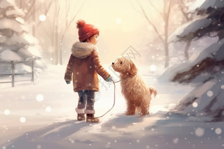 小男孩和狗在雪地里玩耍图片