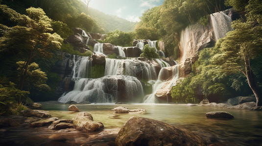 山林水美丽的瀑布美景设计图片