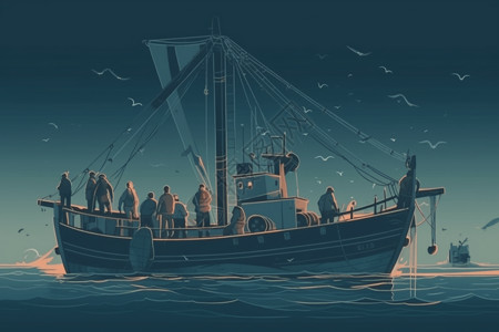 捕鱼的商业渔船插画背景图片